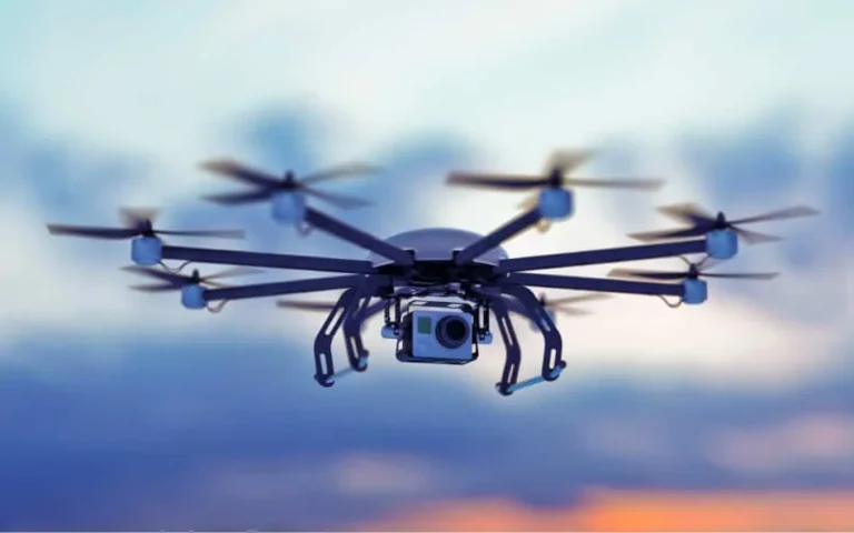 Drone flying with a camera, representing the role of private equity consulting firms in guiding investments within the evolving drone industry.