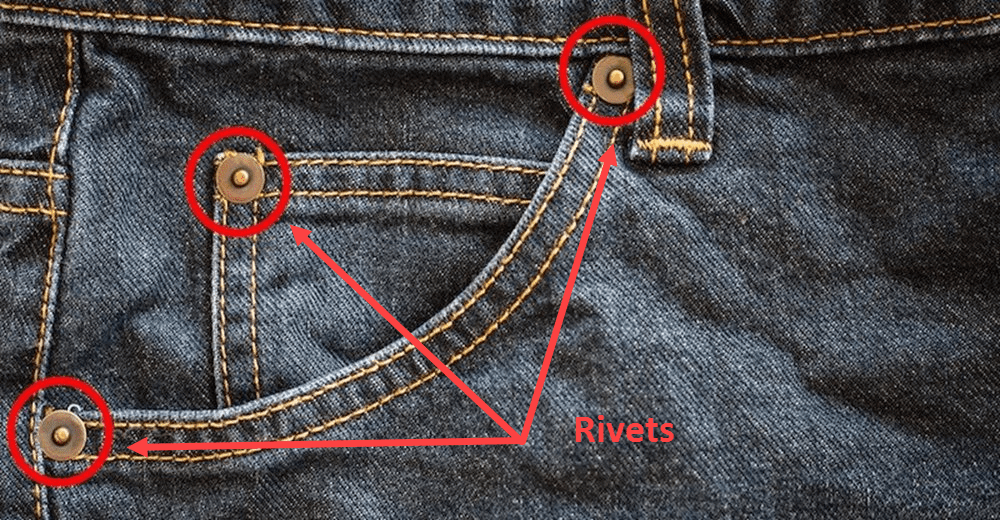 Close-up image of the pocket area of a pair of blue jeans, with red circles and arrows pointing to three metal rivets, labeling them as "Rivets."