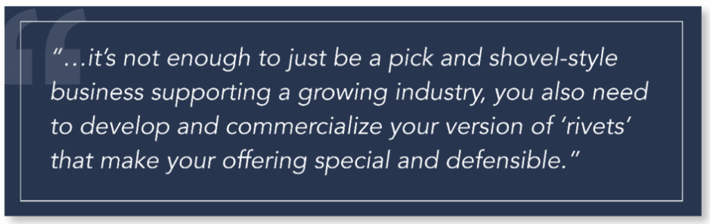 Quote: "it's not enough to just be a pick and shovel-style business supporting a growing industry, you also need to develop and commercialize your version of 'rivets' that make your offering special and defensible."